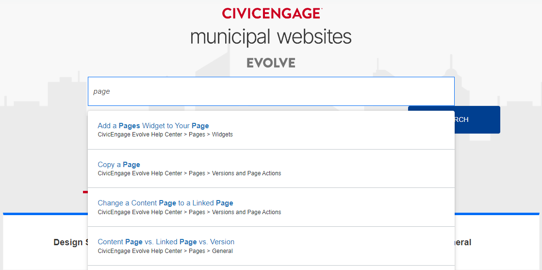 Example image of searching the Help Center by typing the desired search text into the search field below the CivicEngage Municipal Websites Evolve logo.