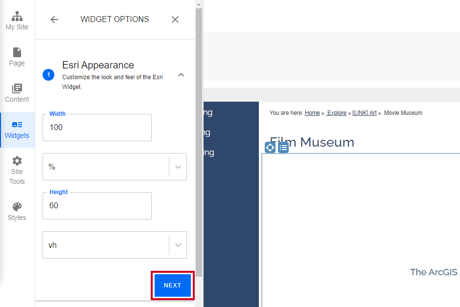 Evolve, Esri Widget Appearance Options, Next Button.