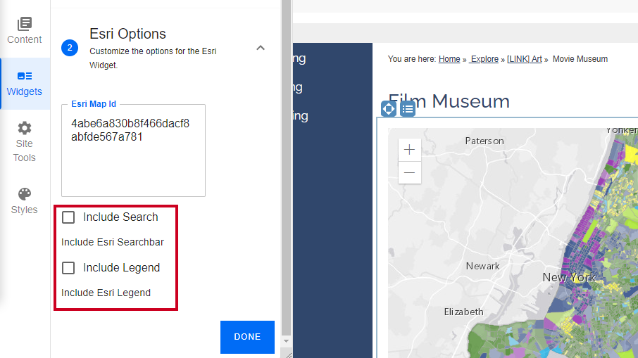 Evolve, Esri Widget Options, Include Search and Include Legend Checkboxes.