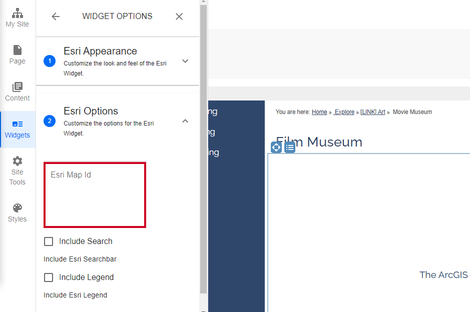 Evolve, Esri Widget Options, Esri Map ID Field.