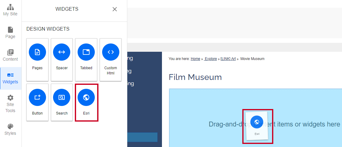 Evolve, Widgets Tab, Drag and Drop Esri Widget on to a Page.