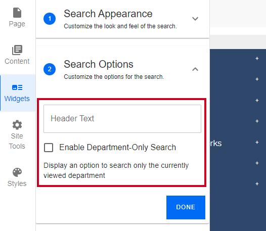 Evolve, Search Widget, Search Options.