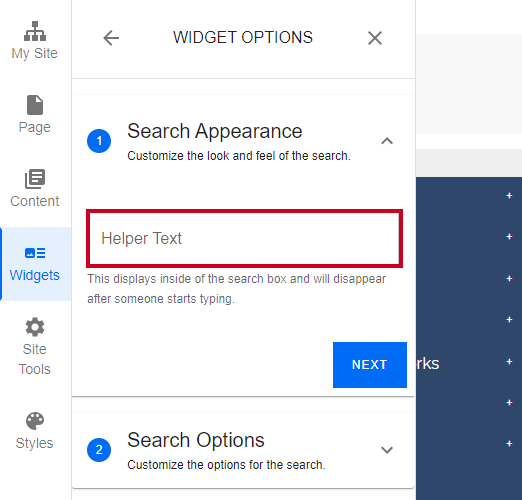 Evolve, Search Widget Options, Helper Text Field.