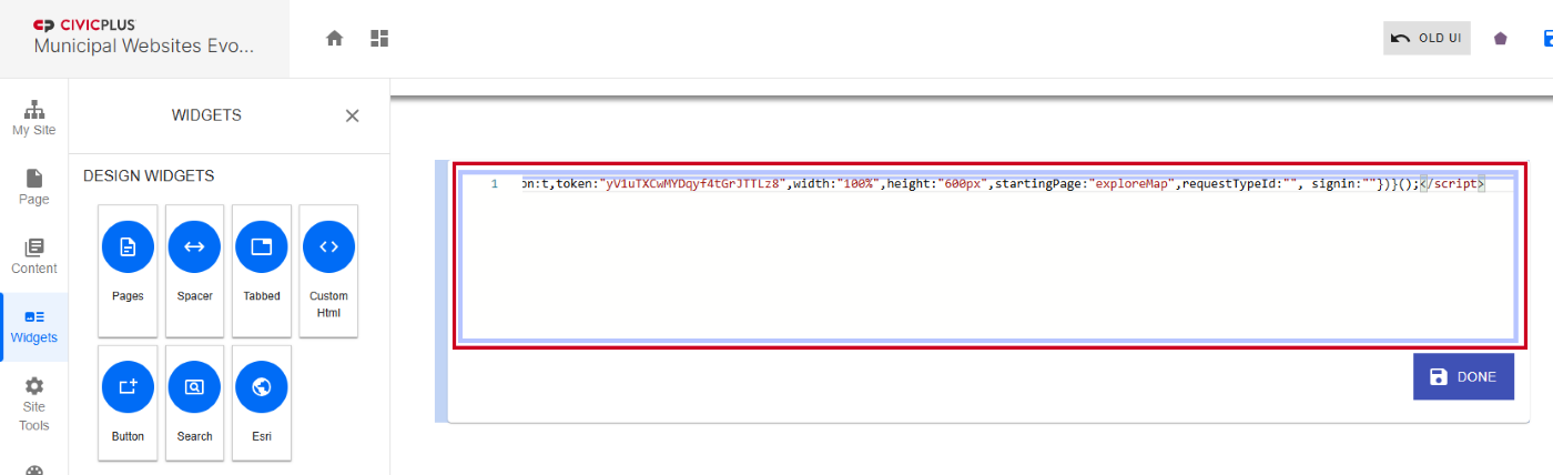 The embed code pasted in the text entry field where the Custom HTML widget was dropped.
