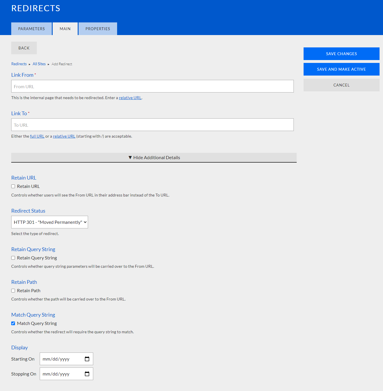 The text entry and check box toggle Redirect fields.
