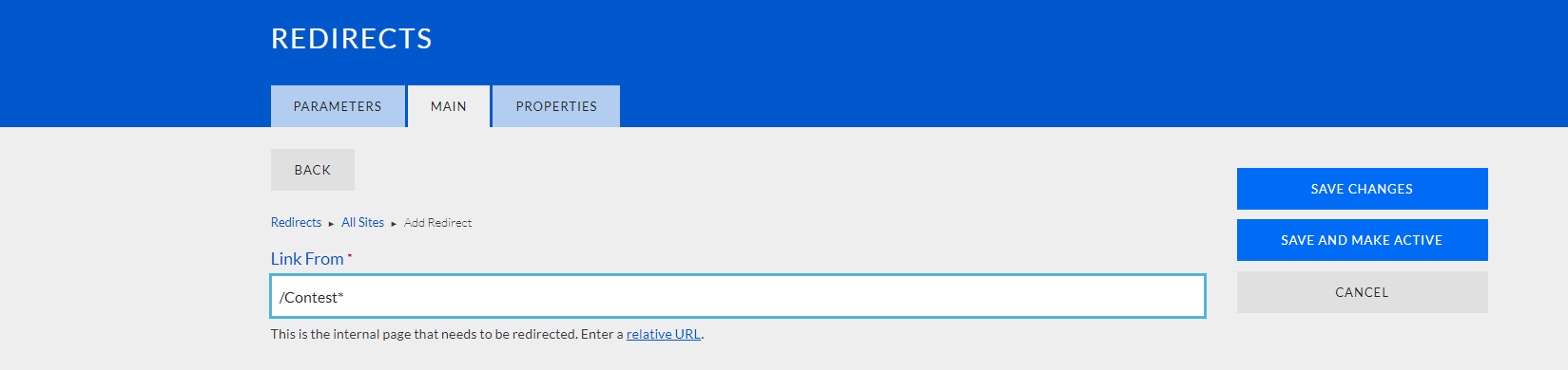 The example URL with an asterisk in the Link From text entry field.
