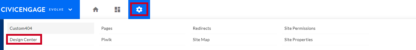 The cogwheel icon, and the URL labeled Design Center.