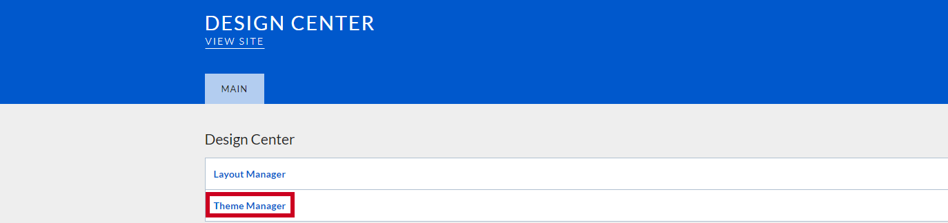 The URL labeled Theme Manager beneath the Design Center header.