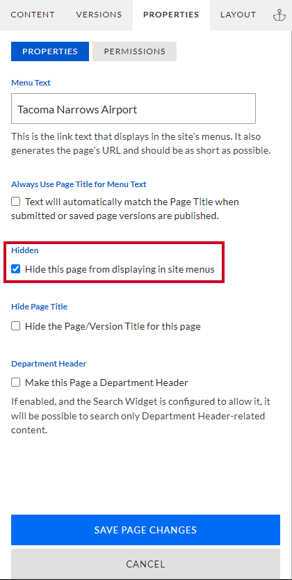 When the Hidden checkbox is enabled, the page will be hidden from users.
