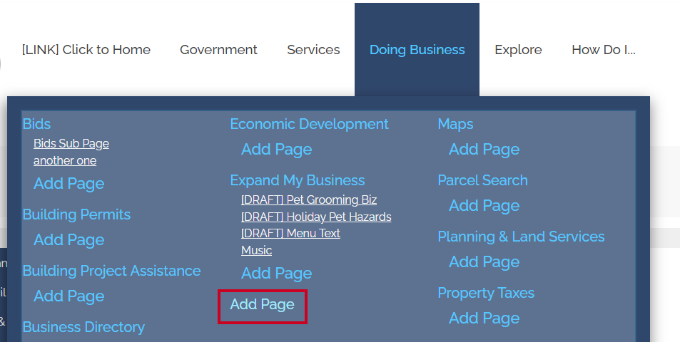 The URL labeled Add Page in site global menu.