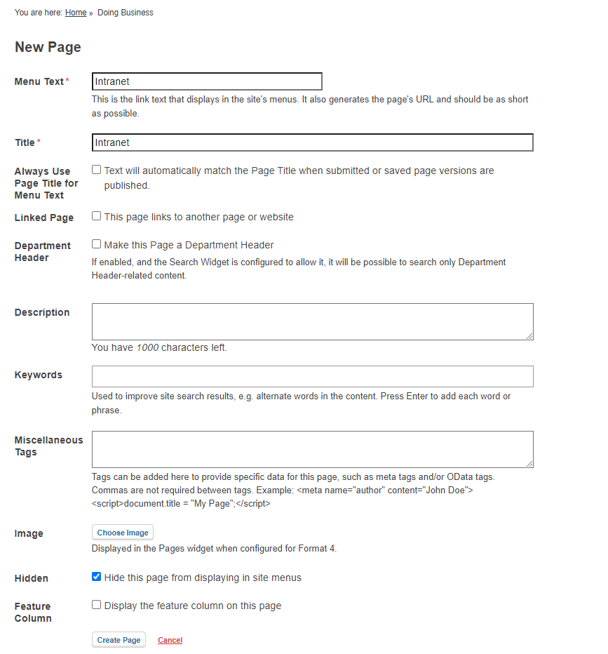 The New Page fields with Hidden checkbox selected.