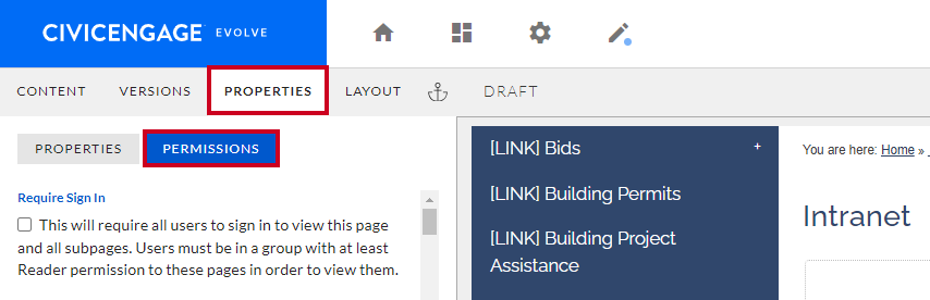 The Page Properties tab with Permissions tab selected.