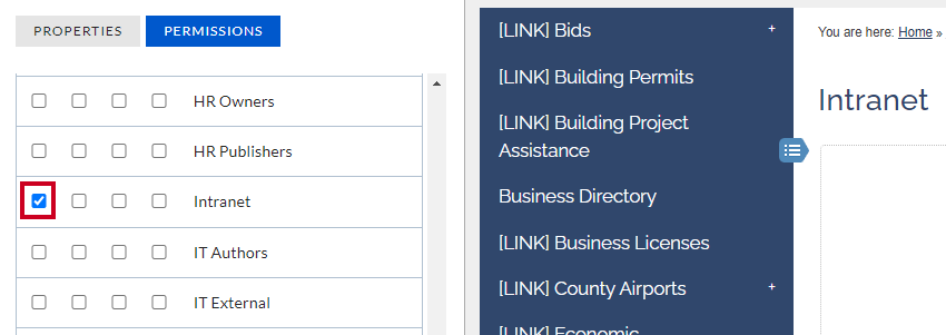 The Reader checkbox to the right of the Intranet group label.