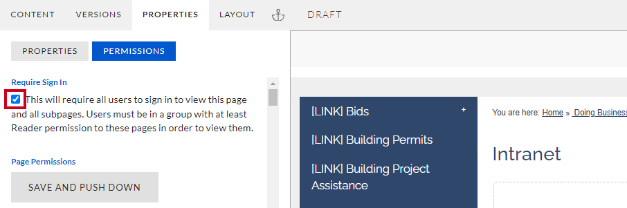 The Require Sign In check-box toggle under the Permissions tab on the right-hand side of the screen.