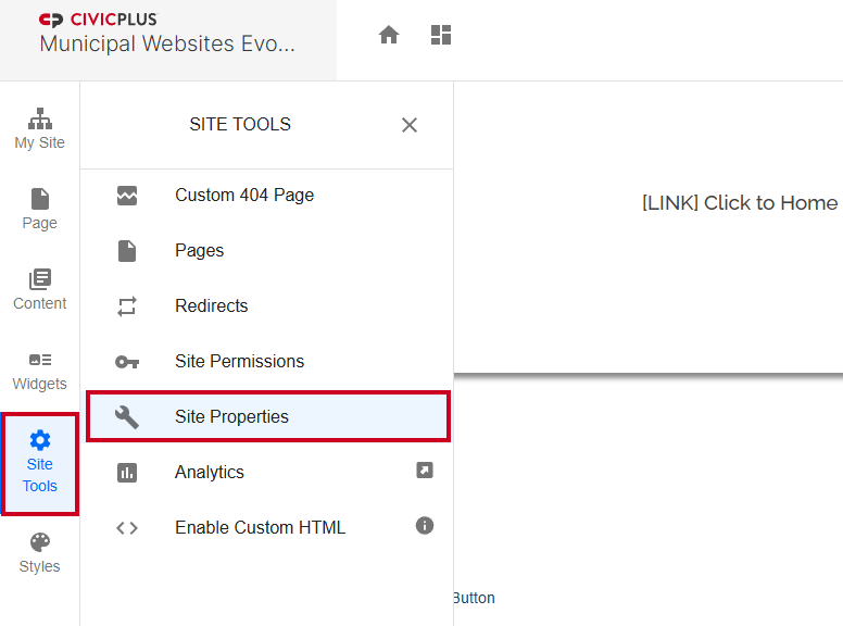 The Site Tools gear icon, to the right of the Homepage and Dashboard icons in the top-left corner, then the URL labeled Site Properties.