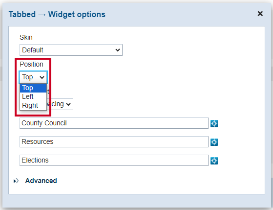 Evolve, Tabbed Widget Widget Options Dialog Box, Position Options.