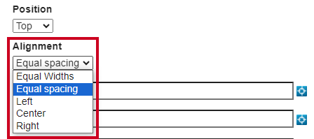 Evolve, Tabbed Widget Options, Alignment Dropdown Menu and Options.