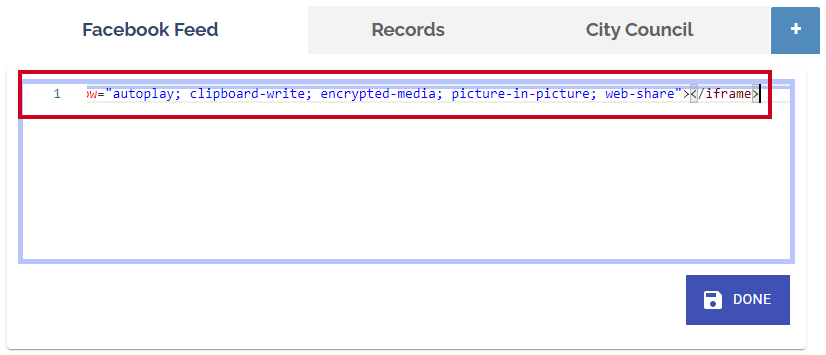The iframe code pasted into the Custom HTML Widget.