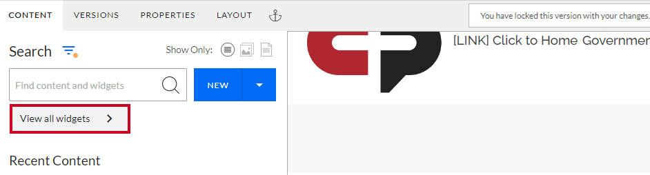 The button labeled View all widgets, beneath the Search bar in the Content tab.