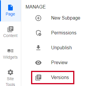 Evolve, Page Tab, Manage Menu, Versions Option.
