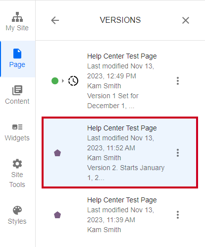 Evolve, Page Tab, Versions Options, Select Version.