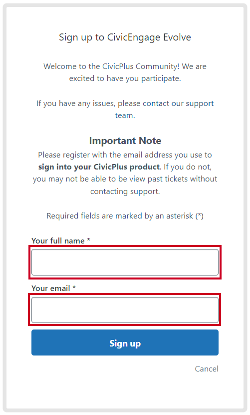 The text entry fields labeled Your full name, and Your email.