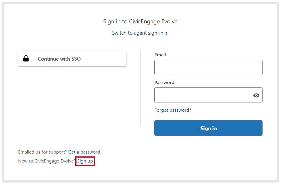 The URL labeled Sign up in the bottom-left corner of the Sign in box, to the right of the 'New to CivicEngage Evolve?' text.