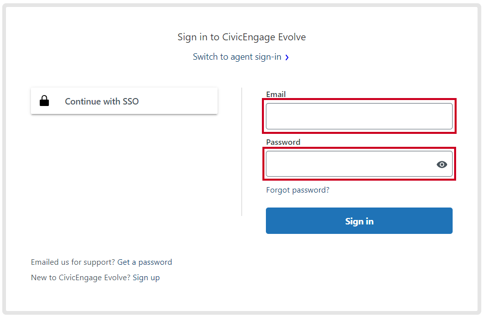 The Email and Password text entry fields.