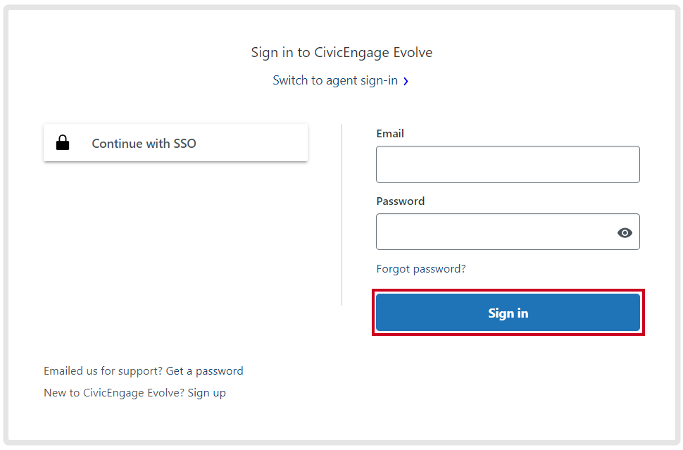 The button labeled Sign in, below the Email and Password text entry fields.