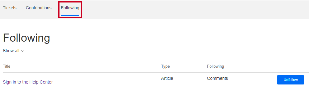 The tab labeled Following in the top-right corner of the page, to the right of the Tickets and Contributions tabs.