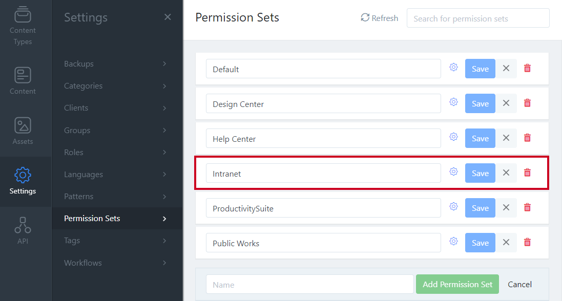 A permission set labeled Intranet in the list of permission sets.