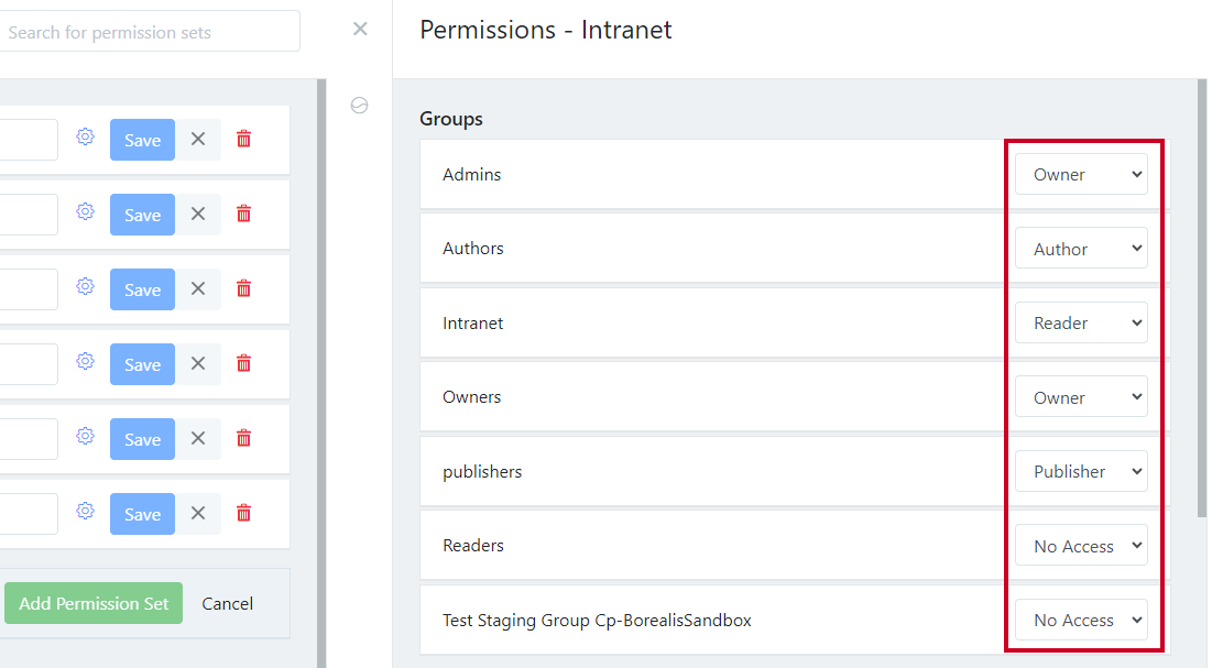 The group access level dropdown to the right of the group names.