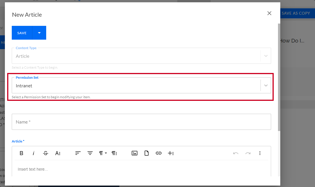 The Intranet permission set selected in the Permission Set drop-down.