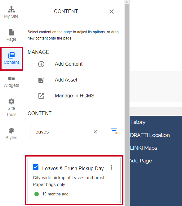 The button labeled Content in the left-hand vertical menu.