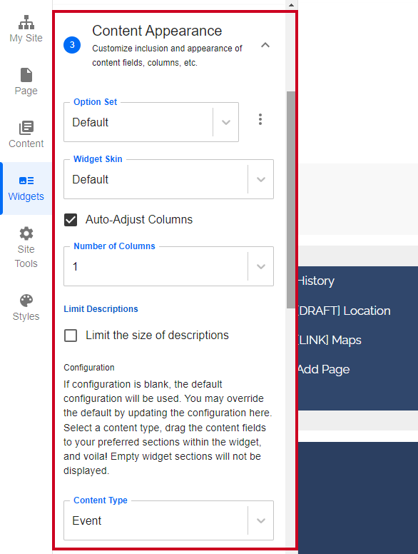 The tab labeled Content Appearance and the content appearance options.