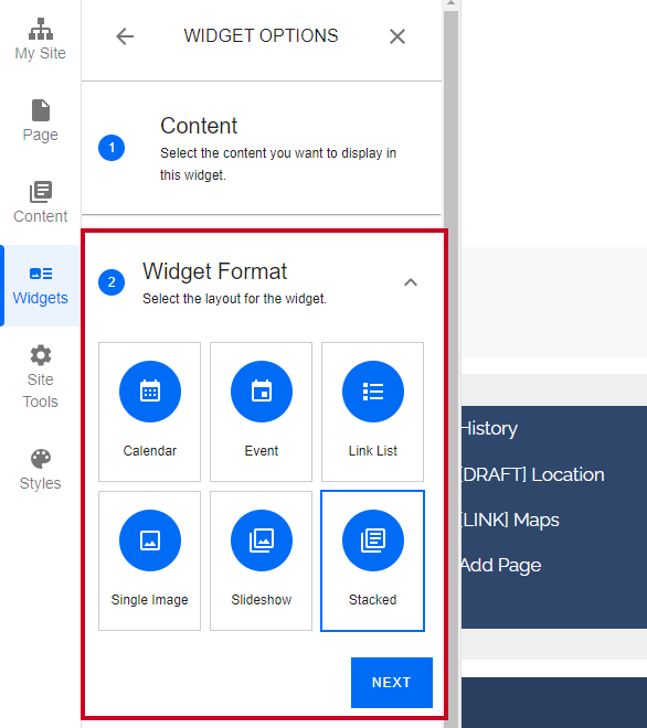 The tab labeled Widget Format, and the Calendar, Event, Link List, Single Image, Slideshow, and Stacked buttons.