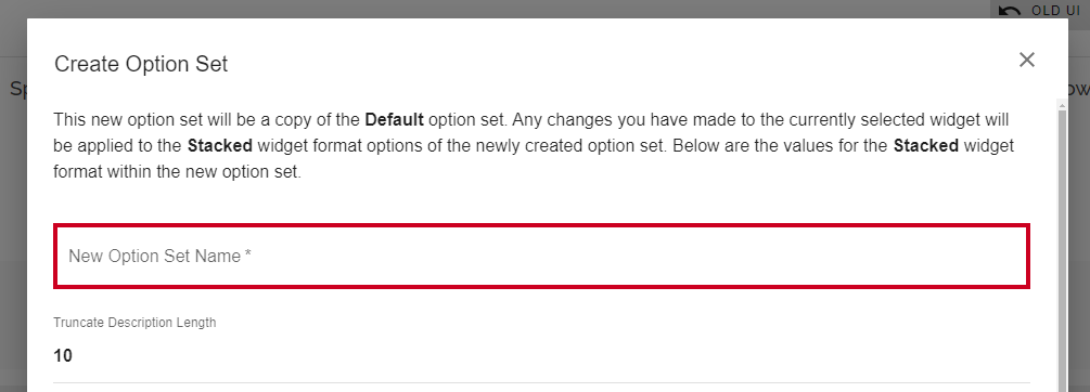 The text entry field labeled New Option Set Name.