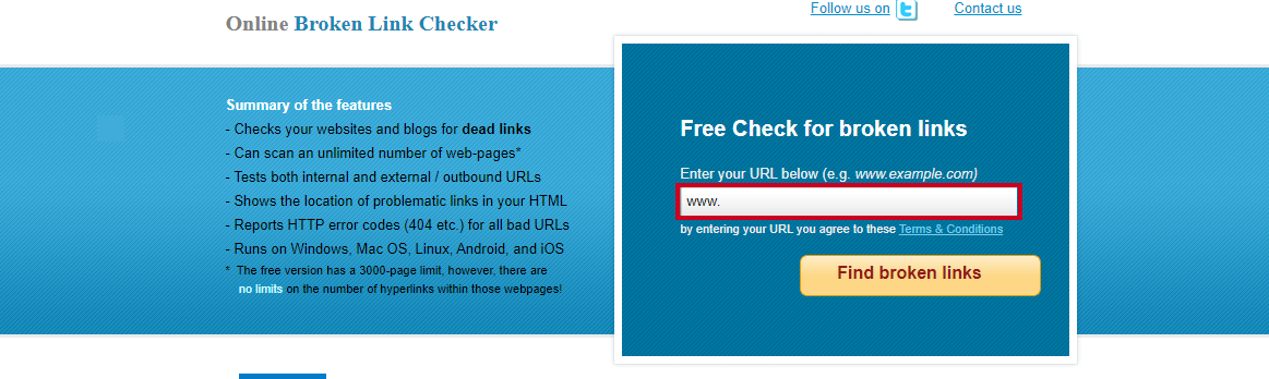A text entry field on the Broken Link Check website for users to input their desired URL.