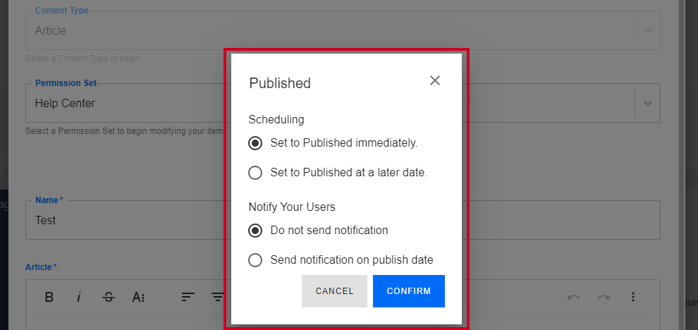 Published Notification options.