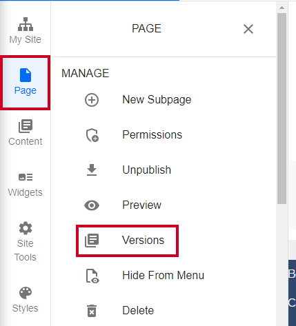 Page menu with Versions selected.