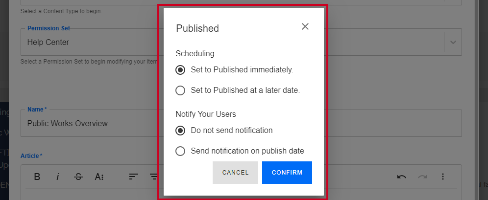 Content publish options.