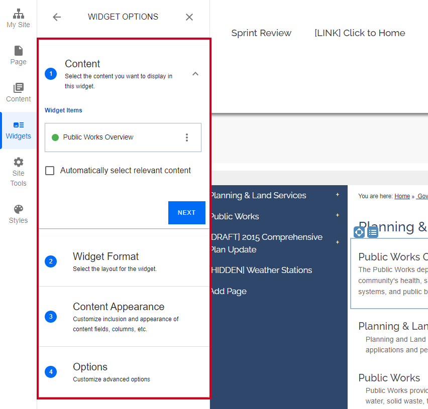 Widget and content options.