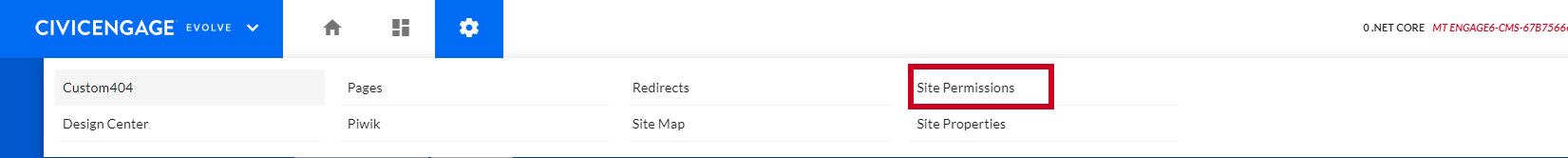 The Site Tools cogwheel icon, then Site Permissions in the alphabetical list.