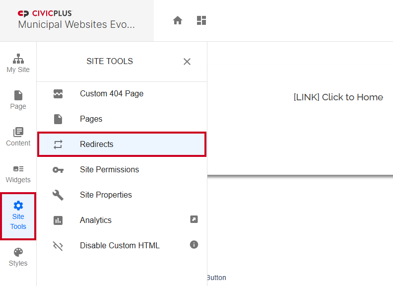 The gear icon, then the URL labeled Redirects in the alphabetical list.
