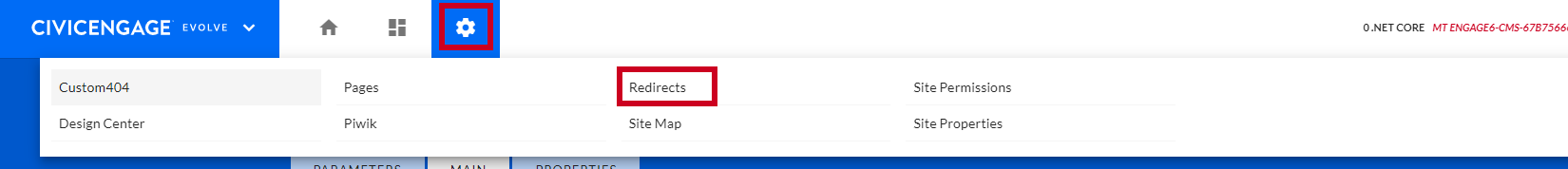 The gear icon, then Redirects in the alphabetical list.