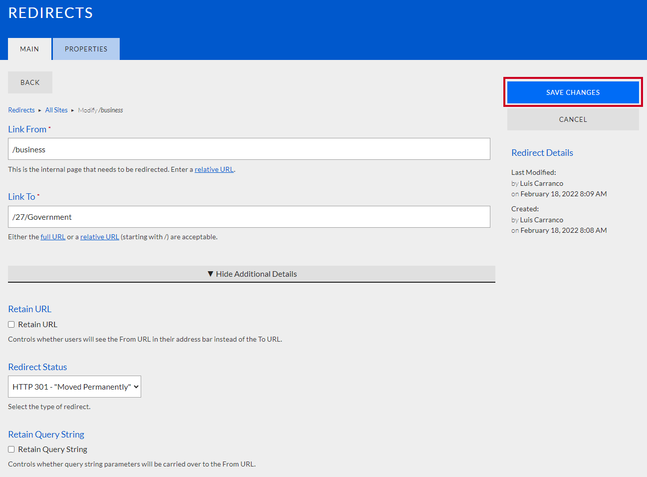 The button labeled Save Changes, on the right-hand side of the screen, above the Cancel button.