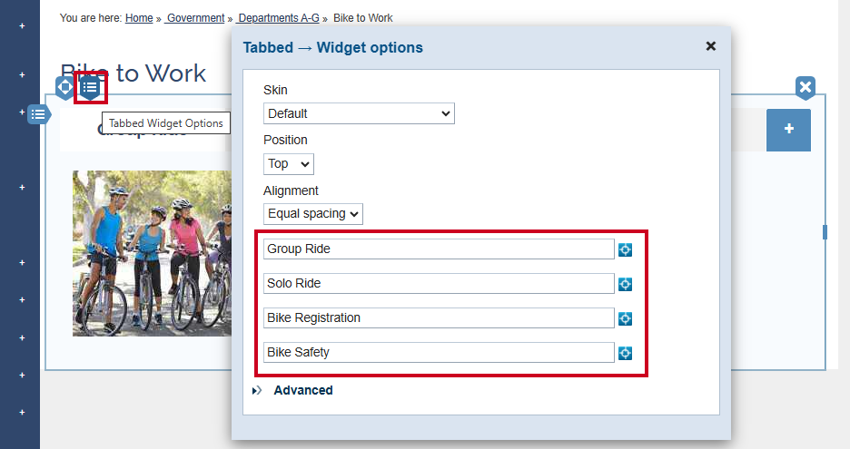 Evolve, Tabbed Widget, Widget Options to Edit Tab Names.