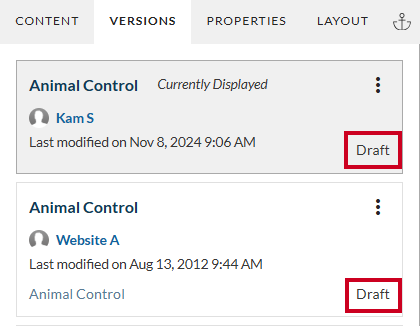 If a version is unpublished, the word 'Draft' can be found next to the version's information.