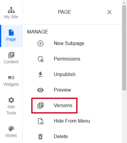 The Versions option lists all of the page's versions in order from newest to oldest.