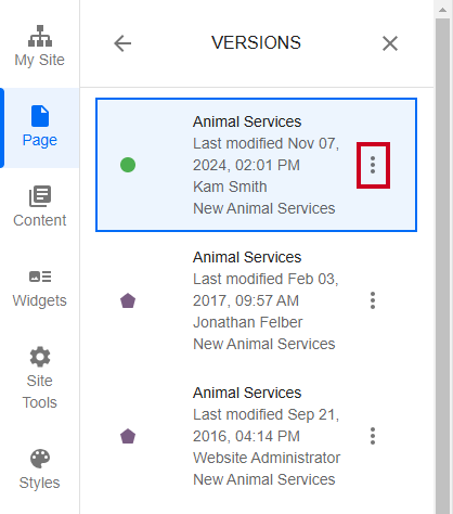 The version's Action menu lets you Unpublish or Duplicate the current version.